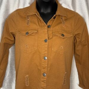 Highway Jeans Denim Shacket Women’s S Distressed Raw Hem Button Pockets Brown